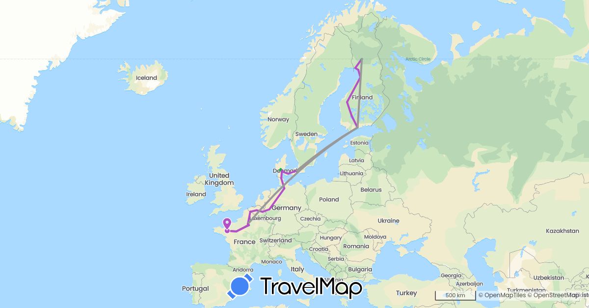 TravelMap itinerary: driving, bus, plane, train, hiking in Belgium, Germany, Denmark, Finland, France (Europe)